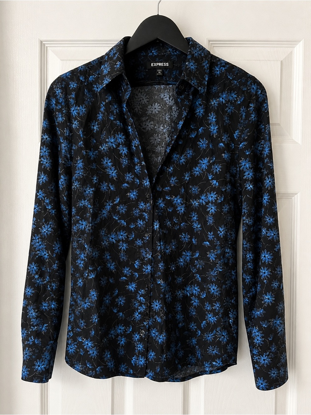 Express Black Button-Down Shirt with Blue Floral Pattern